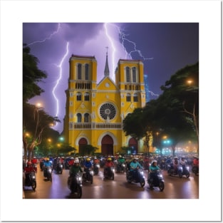 Iconic World Landmarks During A Thunderstorm: Norte Dame Cathedral Saigon Posters and Art